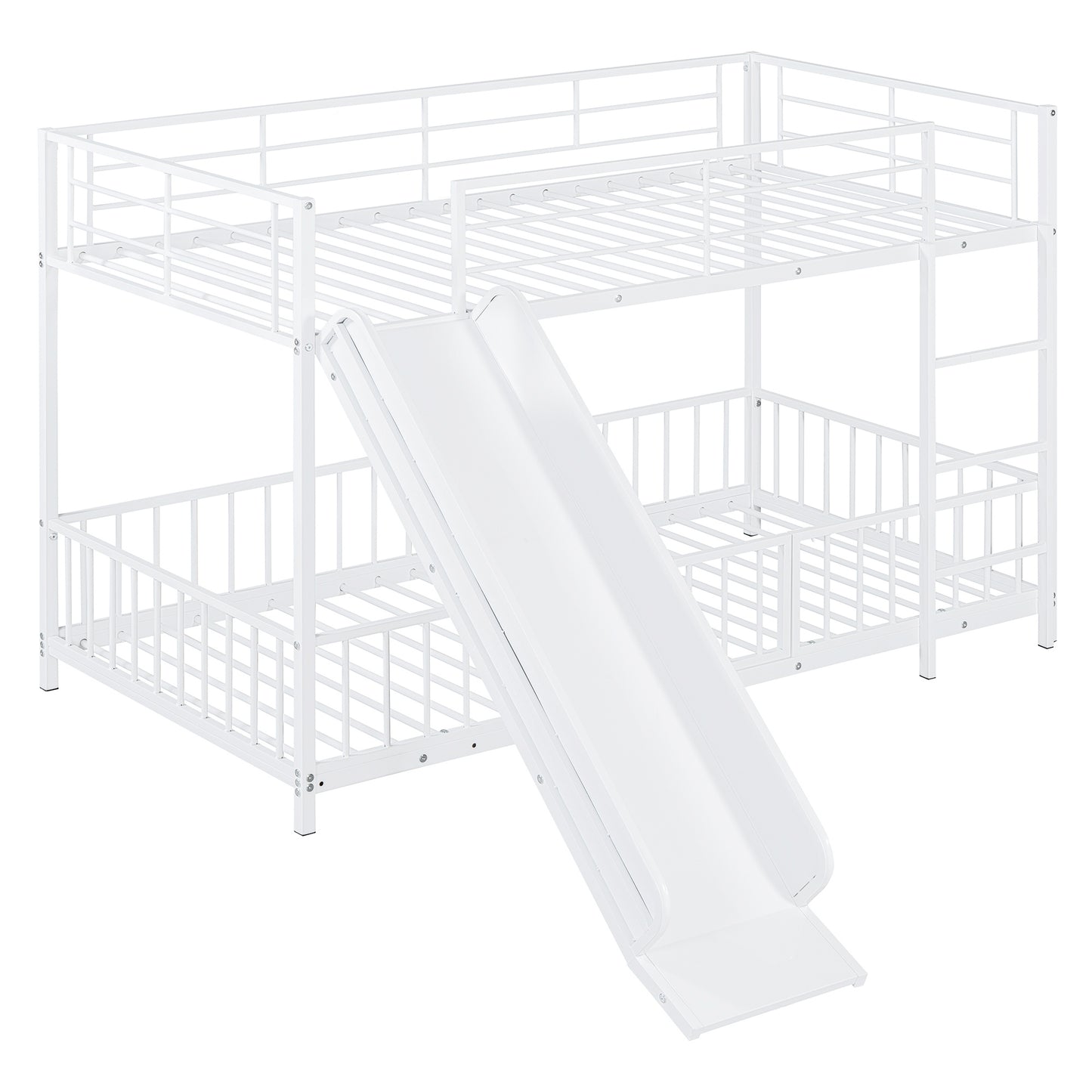 White metal twin over twin bunk bed with integrated slide for kids