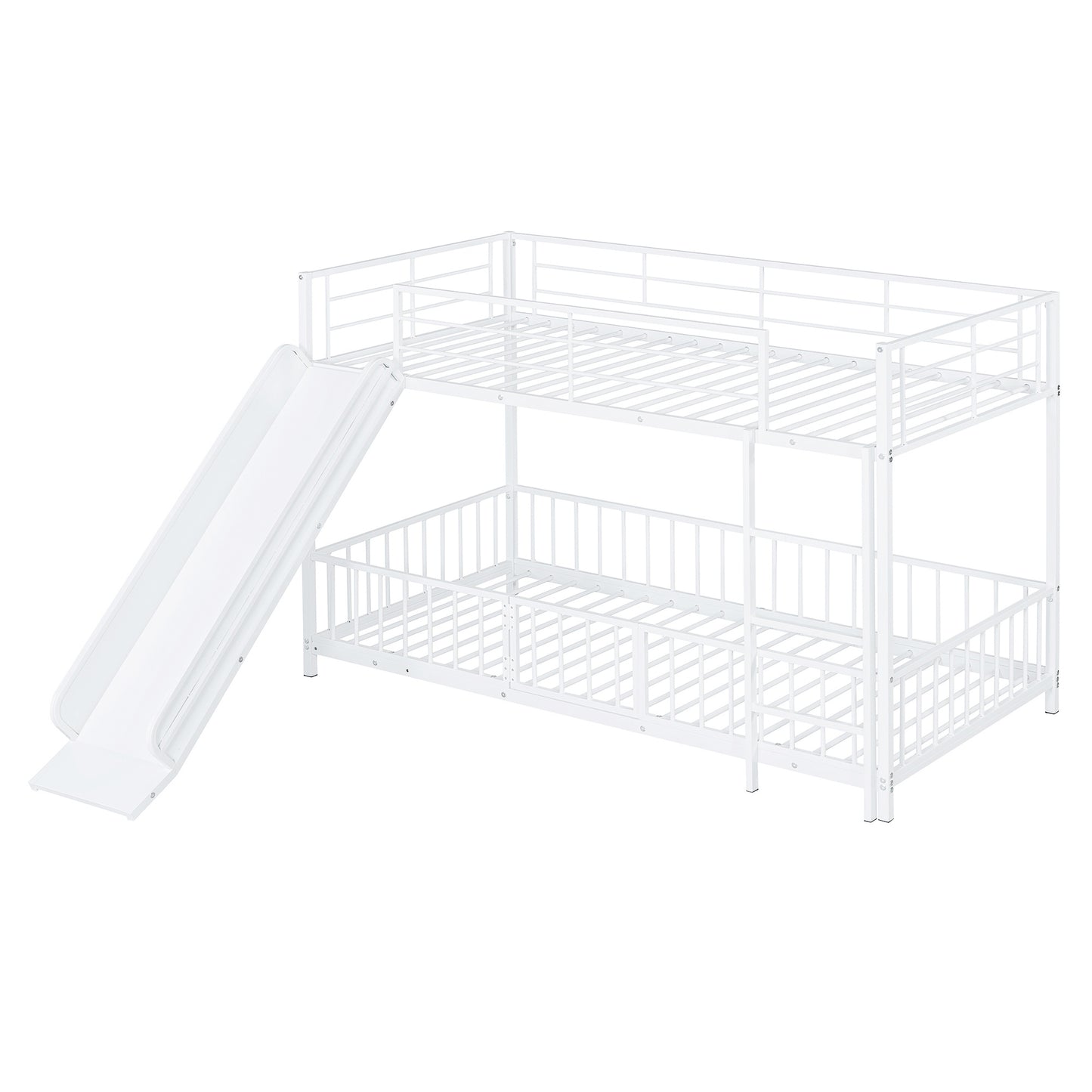 White metal twin over twin bunk bed with slide ideal for kids rooms