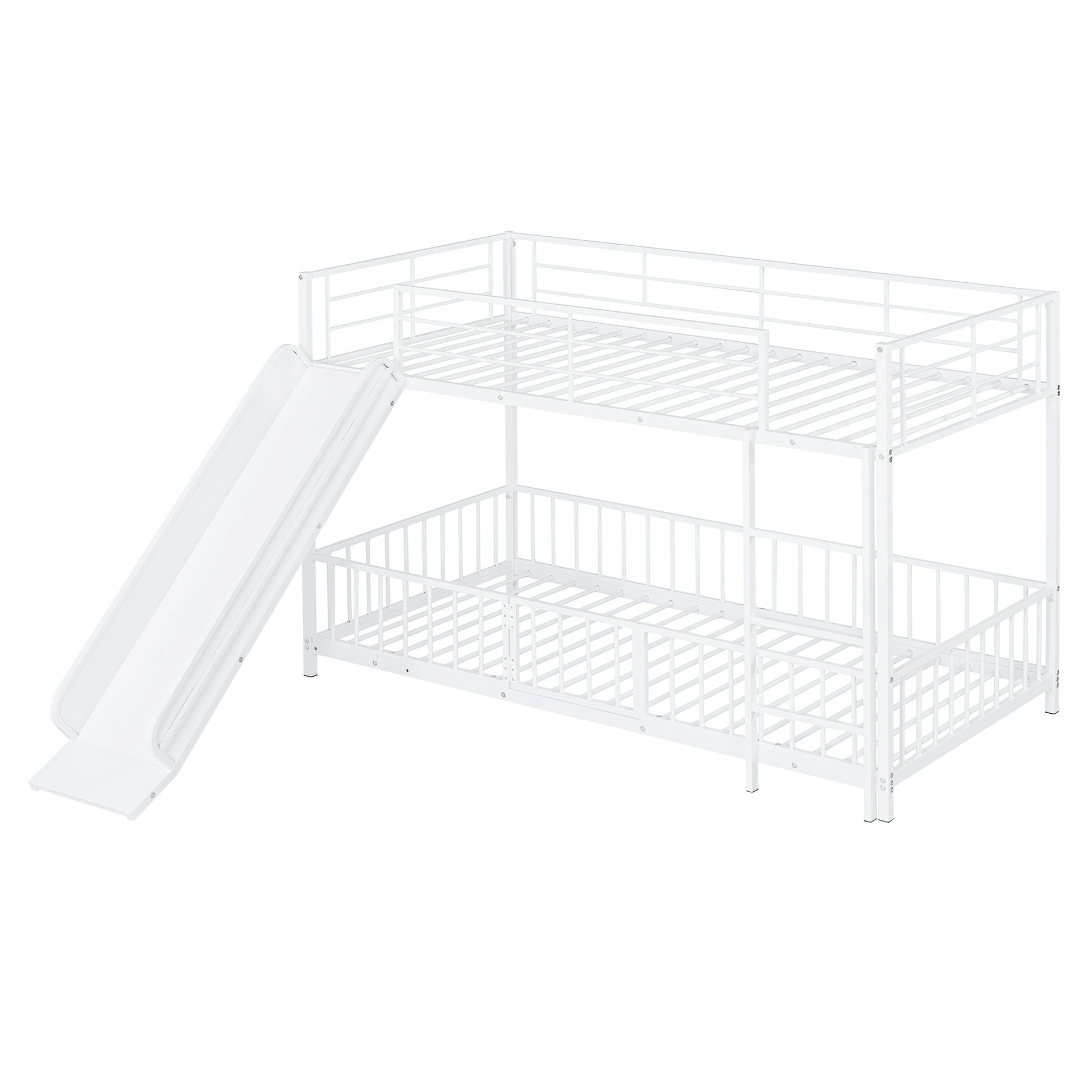 White metal twin over twin bunk bed with slide ideal for kids rooms