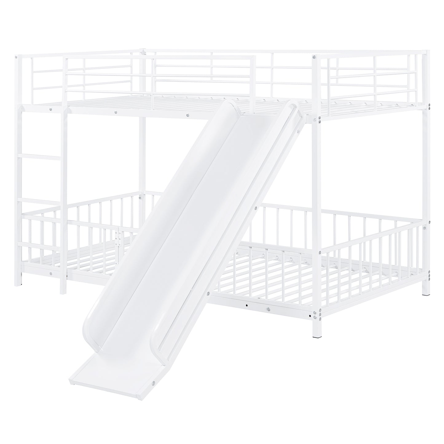 White metal bunk bed with a slide