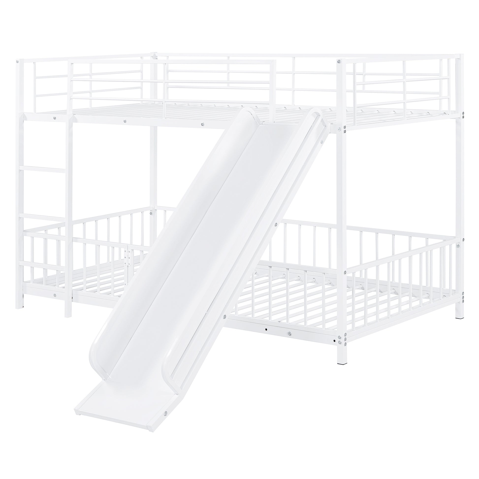 White metal bunk bed with a slide