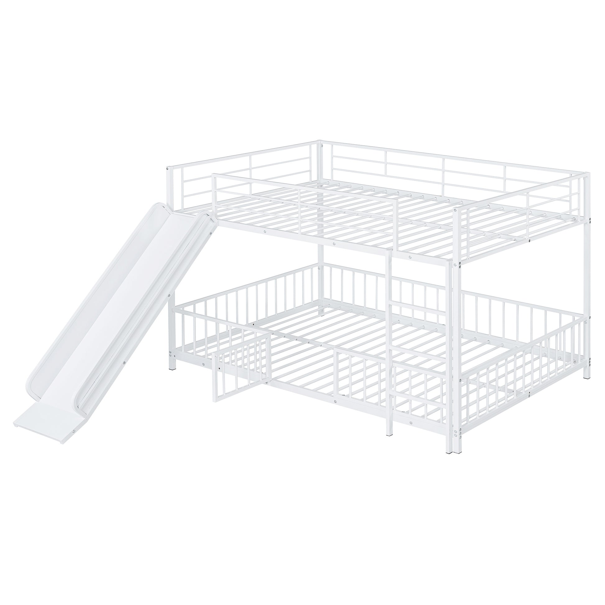 White metal twin over twin bunk bed with slide