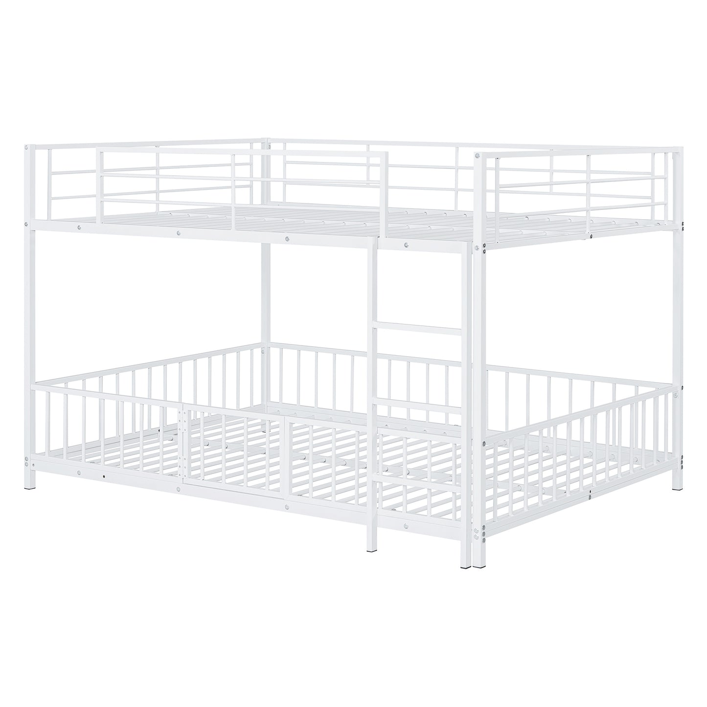 White metal twin over twin bunk bed with safety rails and ladder