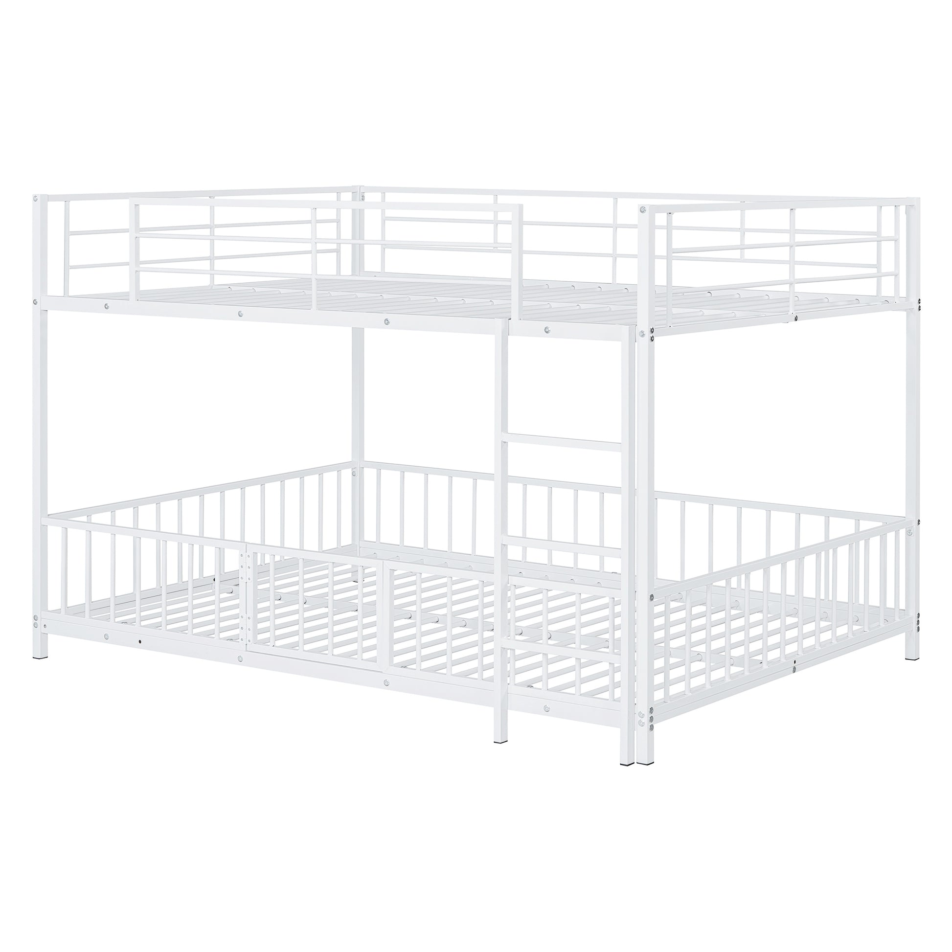 White metal twin over twin bunk bed with safety rails and ladder