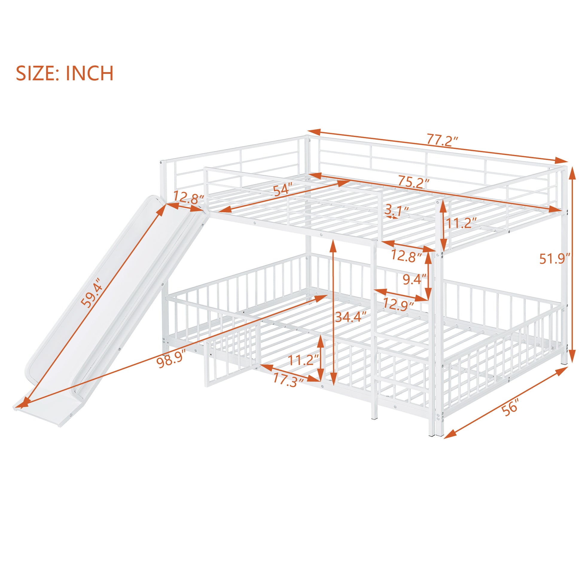 White metal bunk bed with slide and safety rails dimensions shown