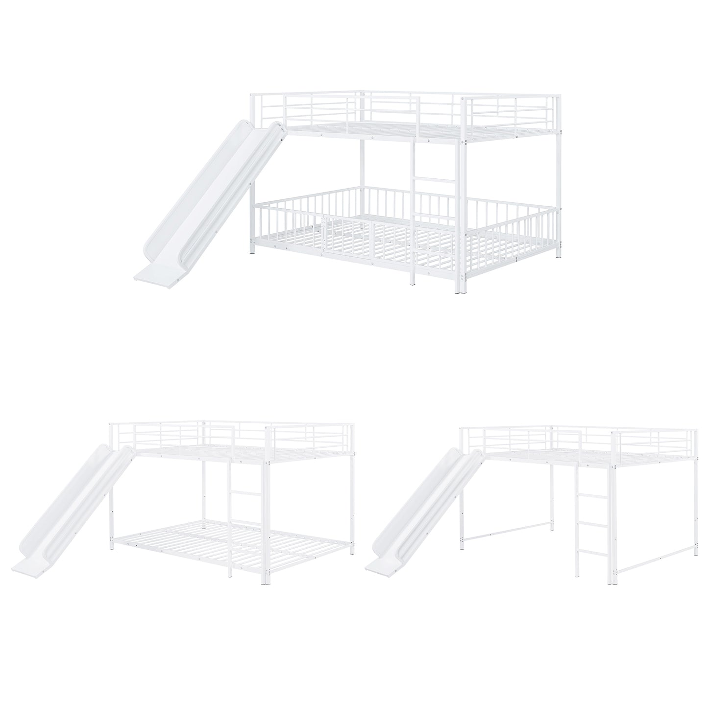 White metal twin over twin bunk bed with slide and ladder for kids