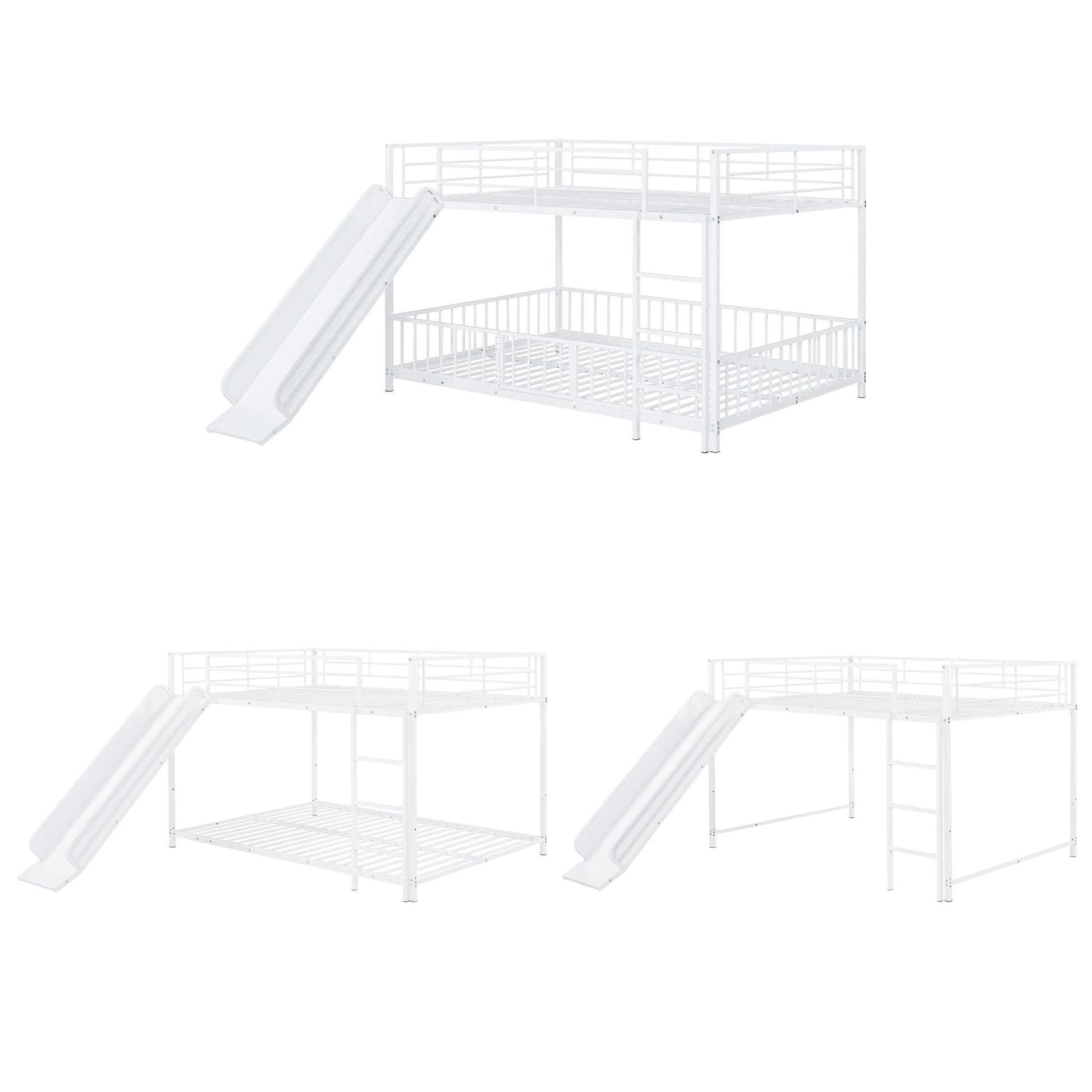 White metal twin over twin bunk bed with slide and ladder for kids
