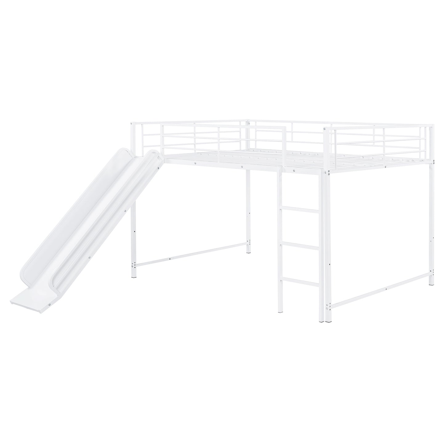 White metal loft bed with attached slide and ladder