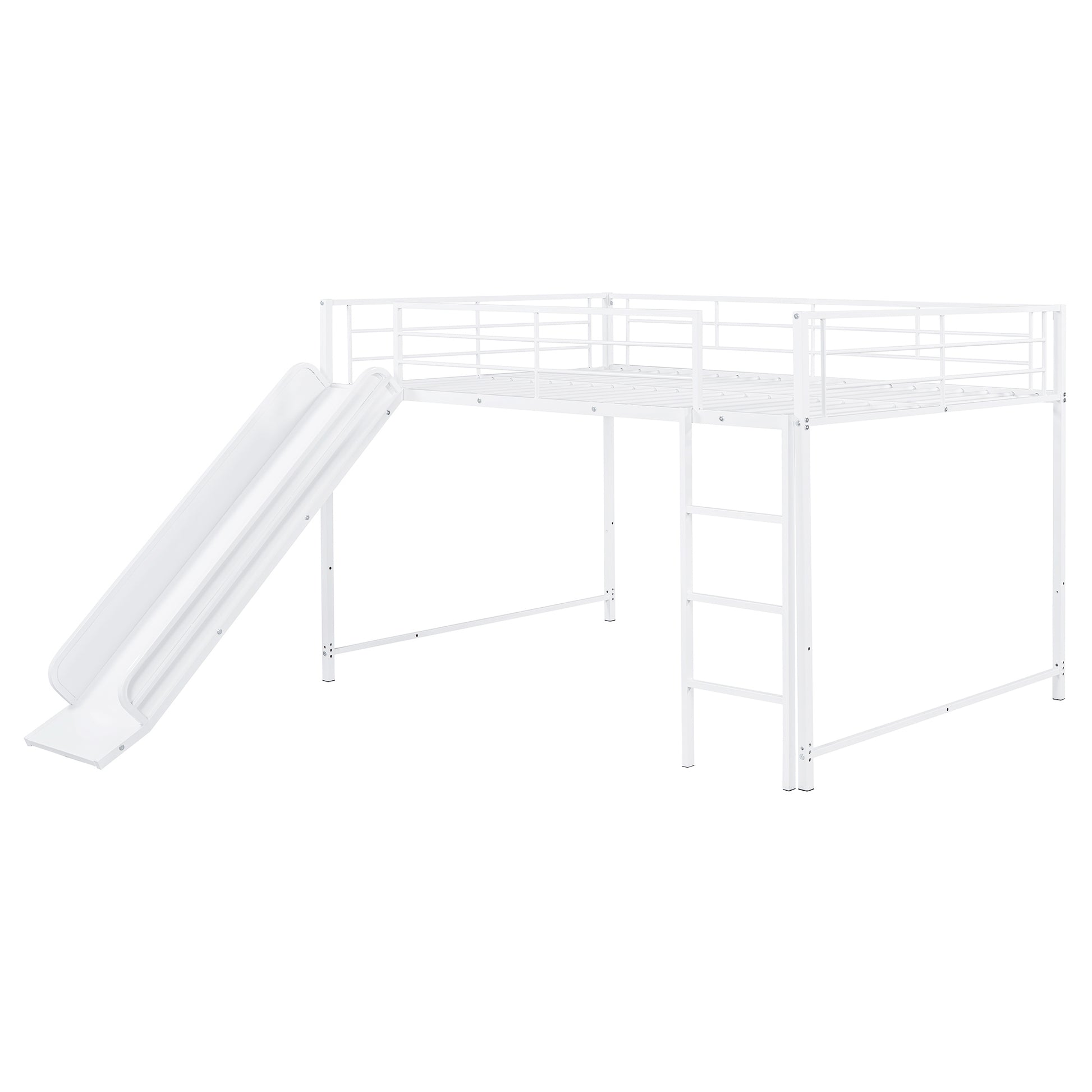 White metal loft bed with attached slide and ladder