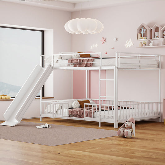 White metal triple bunk bed with integrated slide for kids