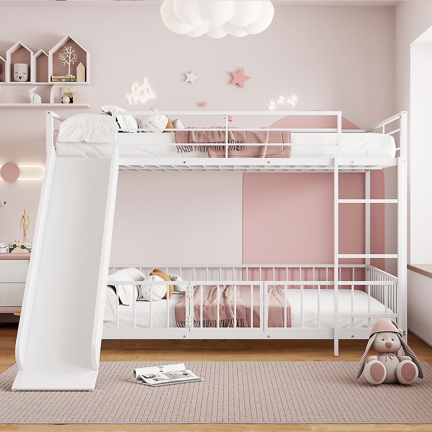 White metal bunk bed with slide for kids room