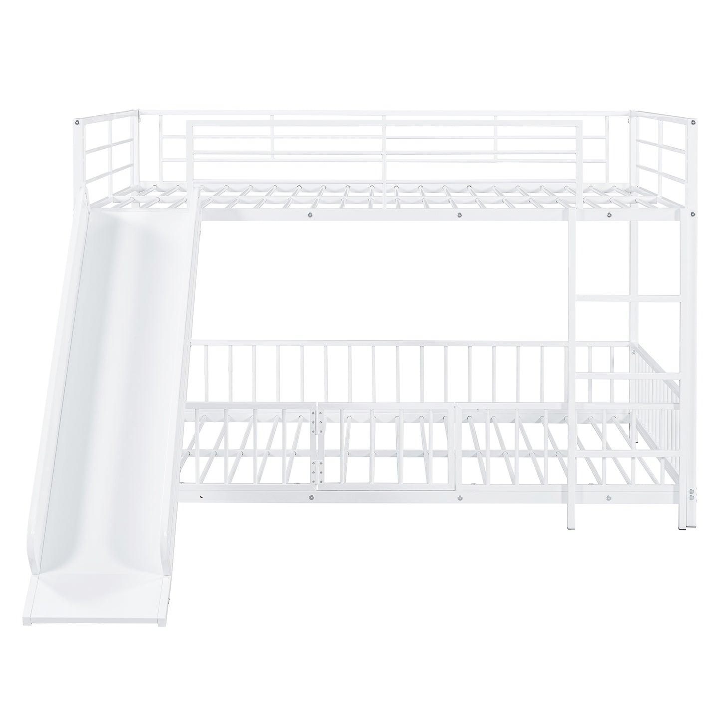 White metal bunk bed with slide