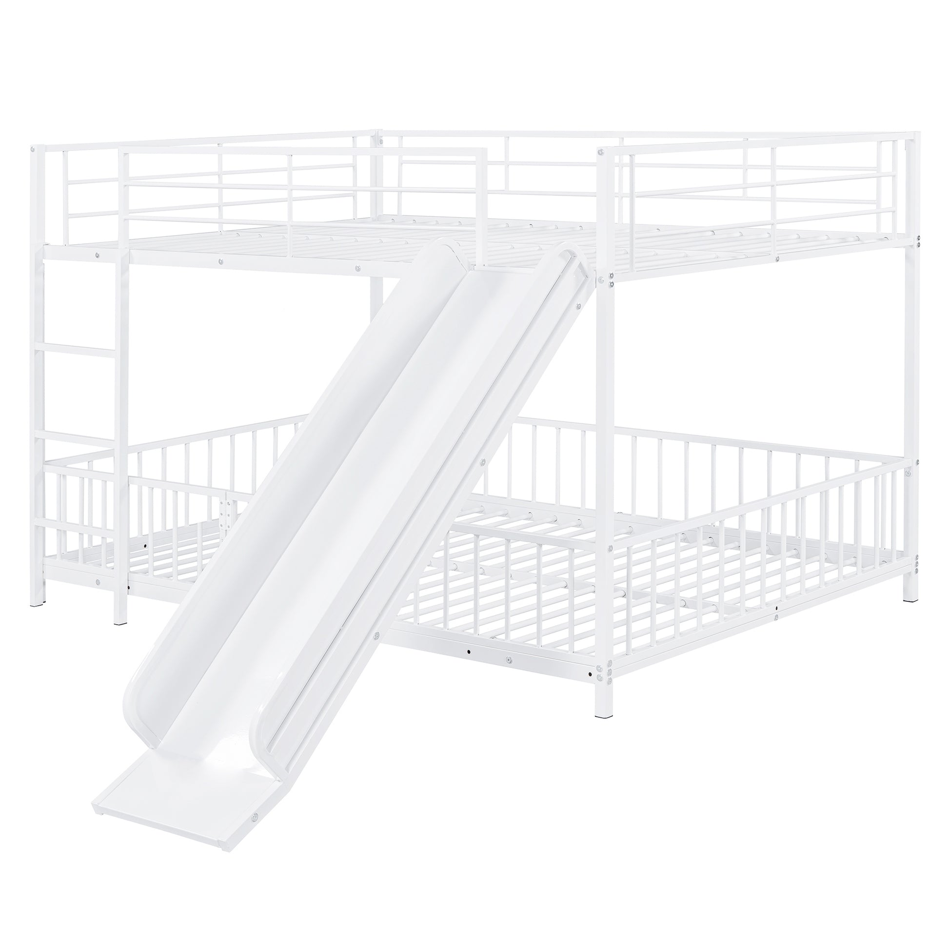 White metal twin bunk bed with integrated slide for kids