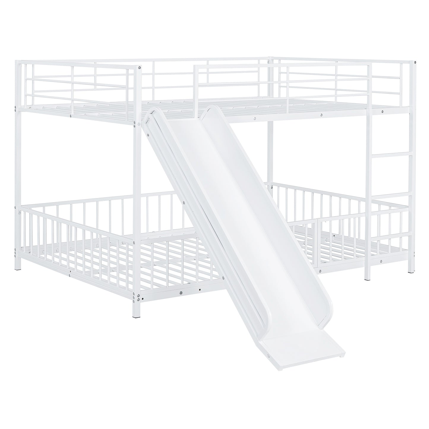 White metal twin over twin bunk bed with integrated slide