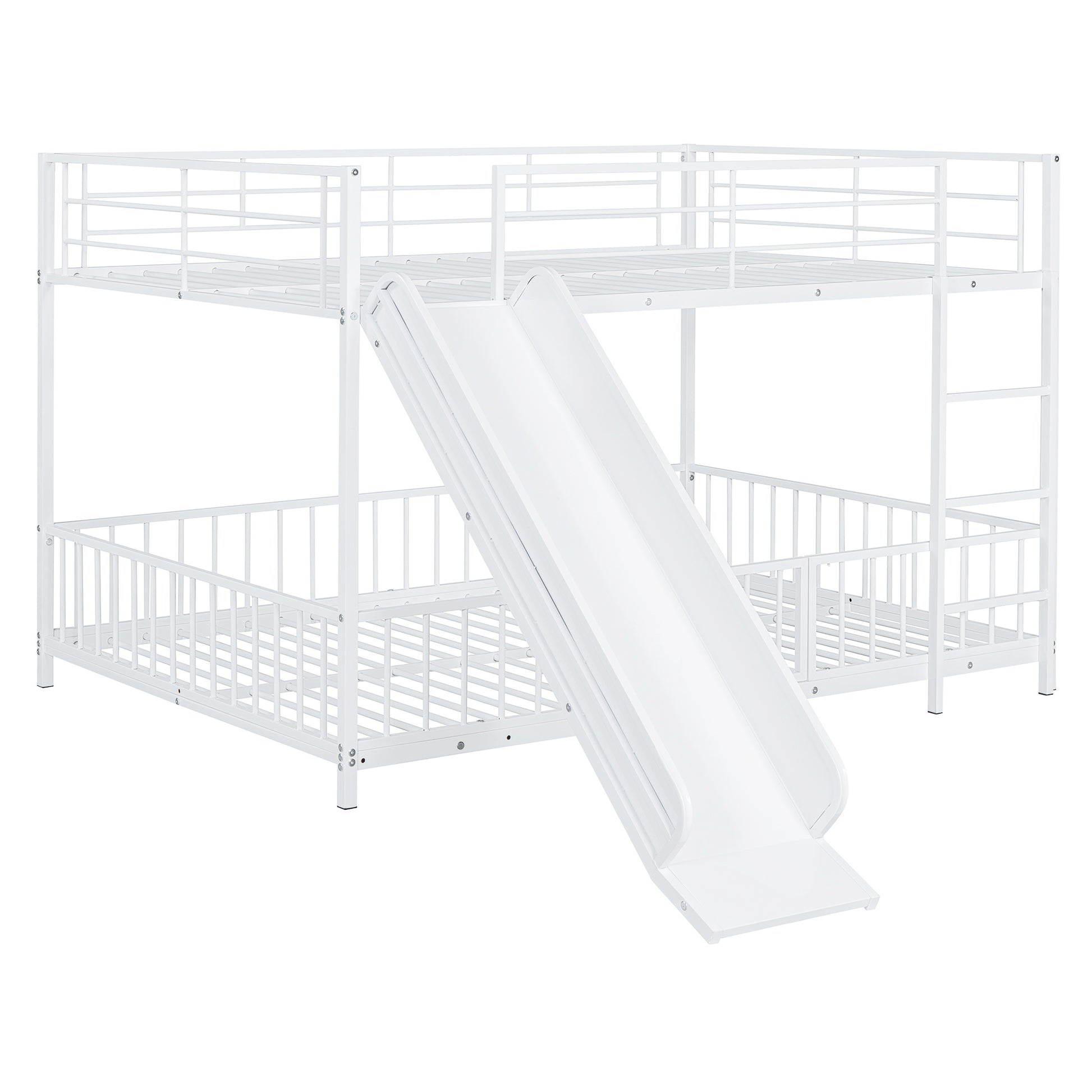 White metal twin over twin bunk bed with integrated slide