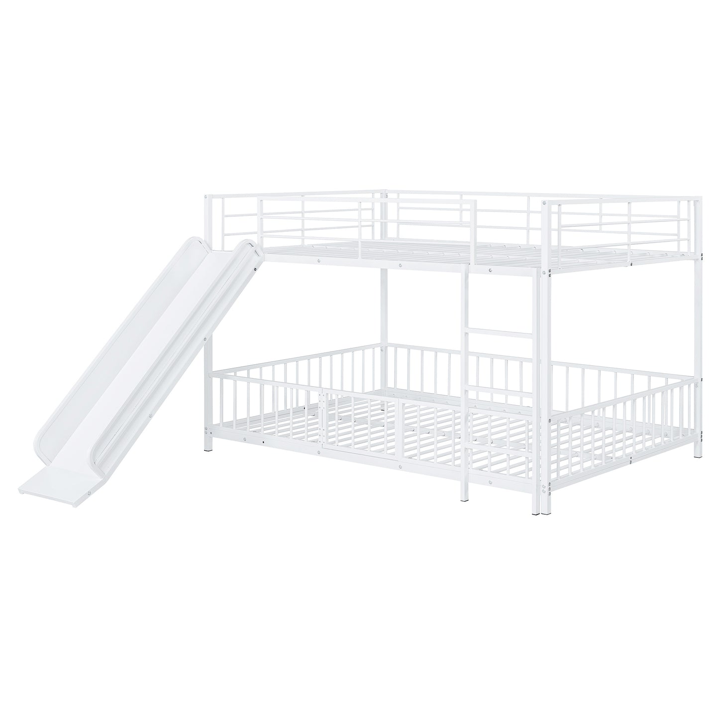 White metal bunk bed with an attached slide perfect for kids rooms