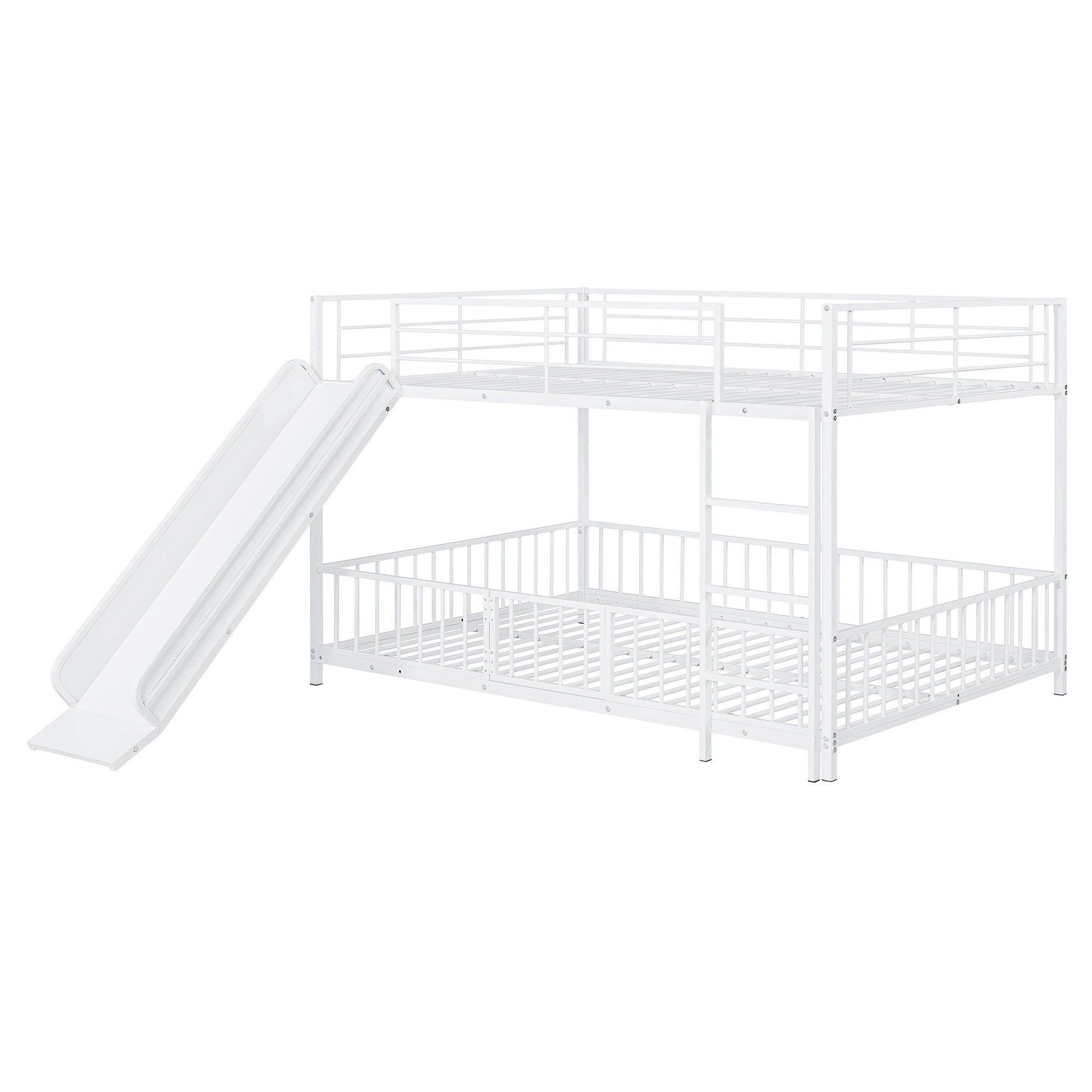 White metal bunk bed with an attached slide perfect for kids rooms