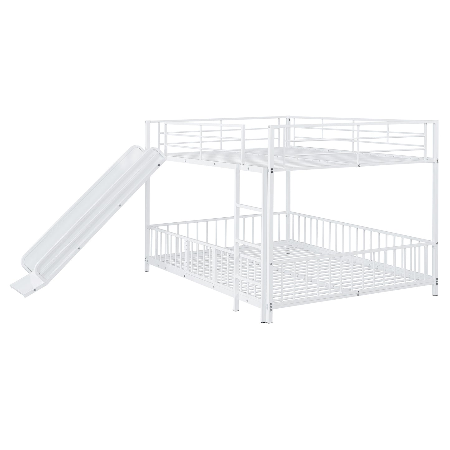 White metal twin over twin bunk bed with integrated slide for kids room