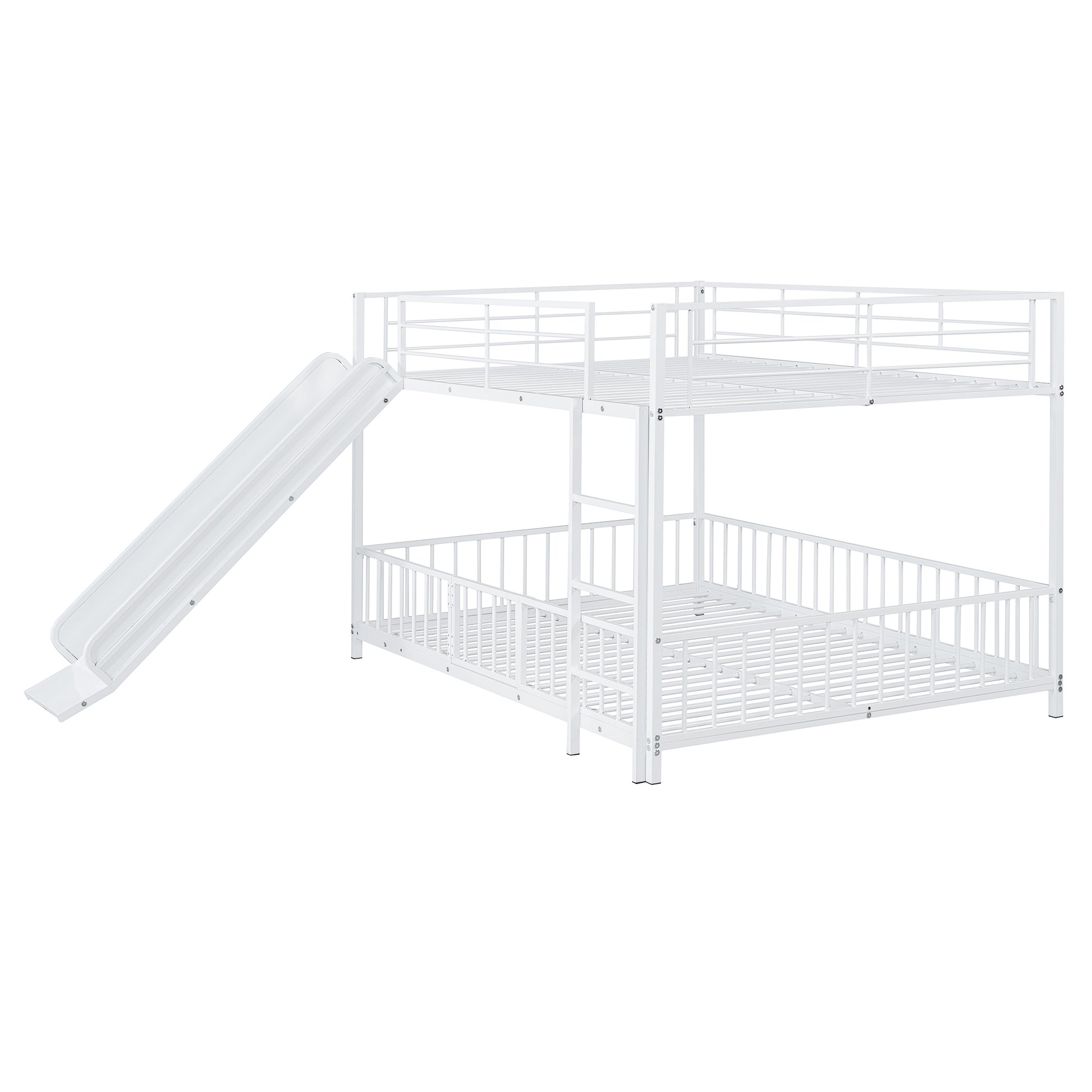 White metal twin over twin bunk bed with integrated slide for kids room