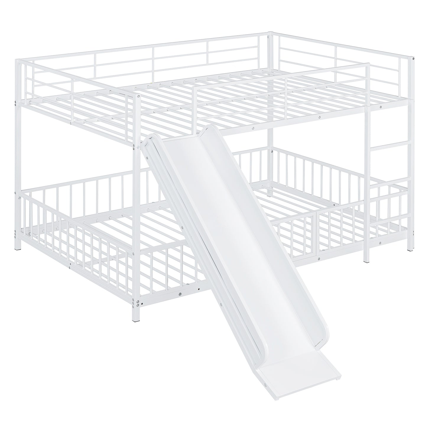 White metal twin over twin bunk bed with slide