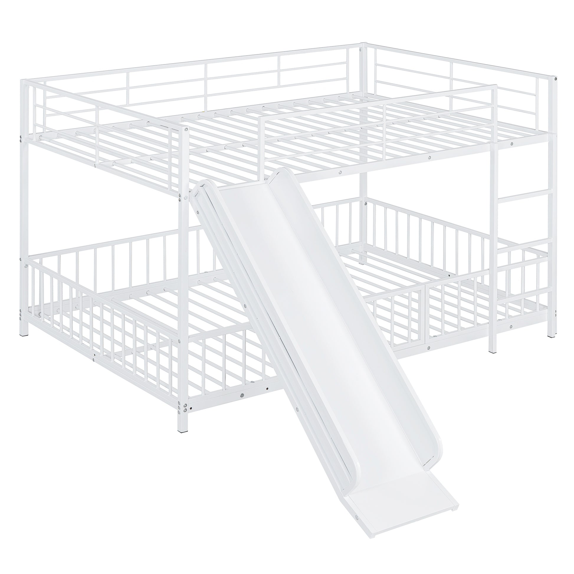 White metal twin over twin bunk bed with slide
