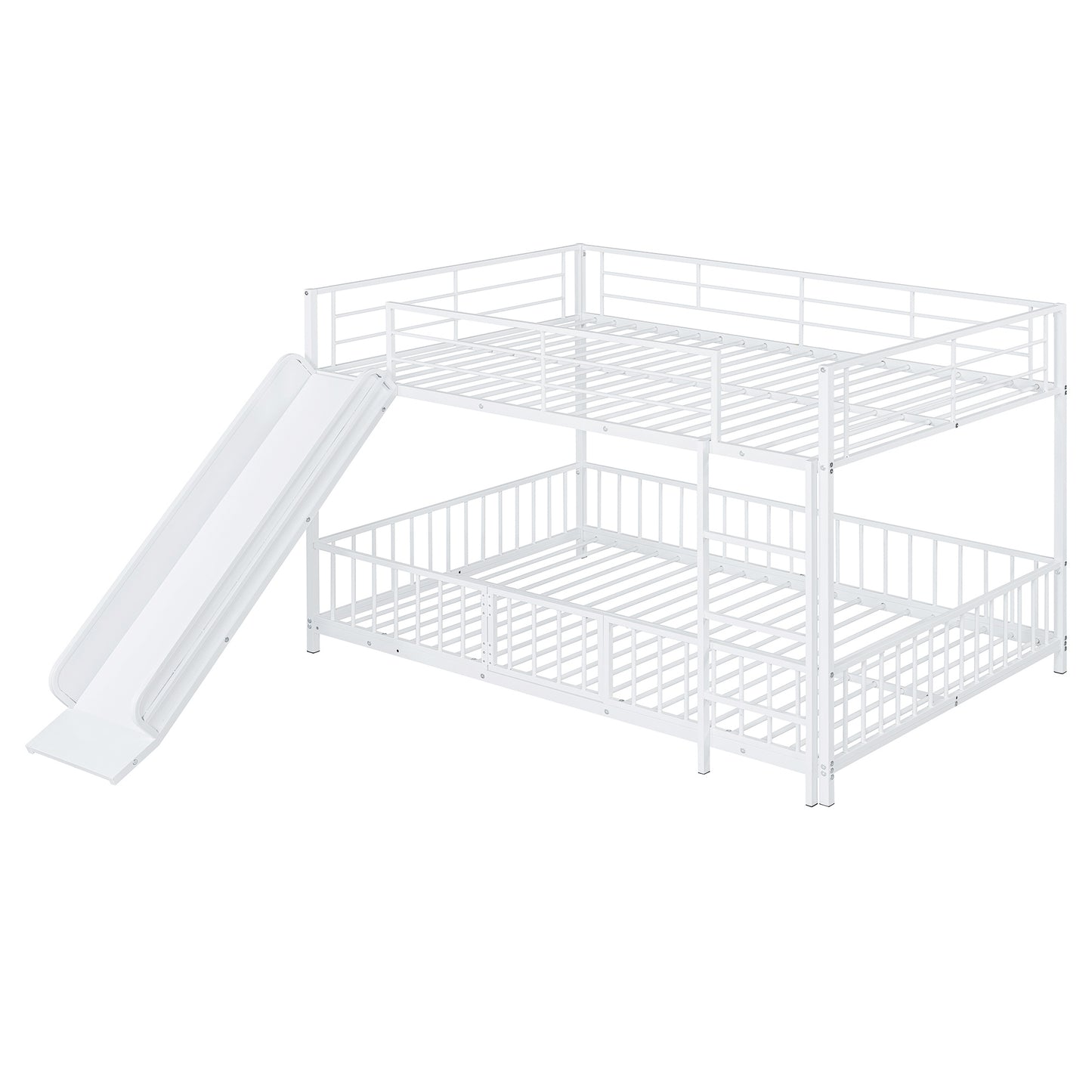 White metal twin over twin bunk bed with slide