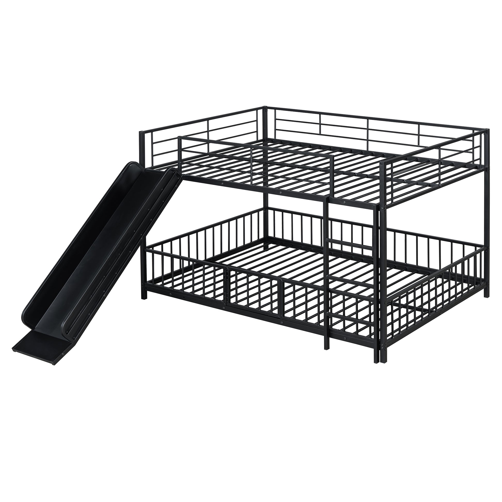 Black metal twin bunk bed with integrated slide and safety rails