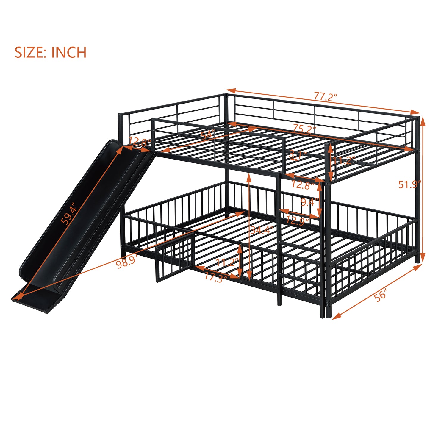 Black metal bunk bed with slide