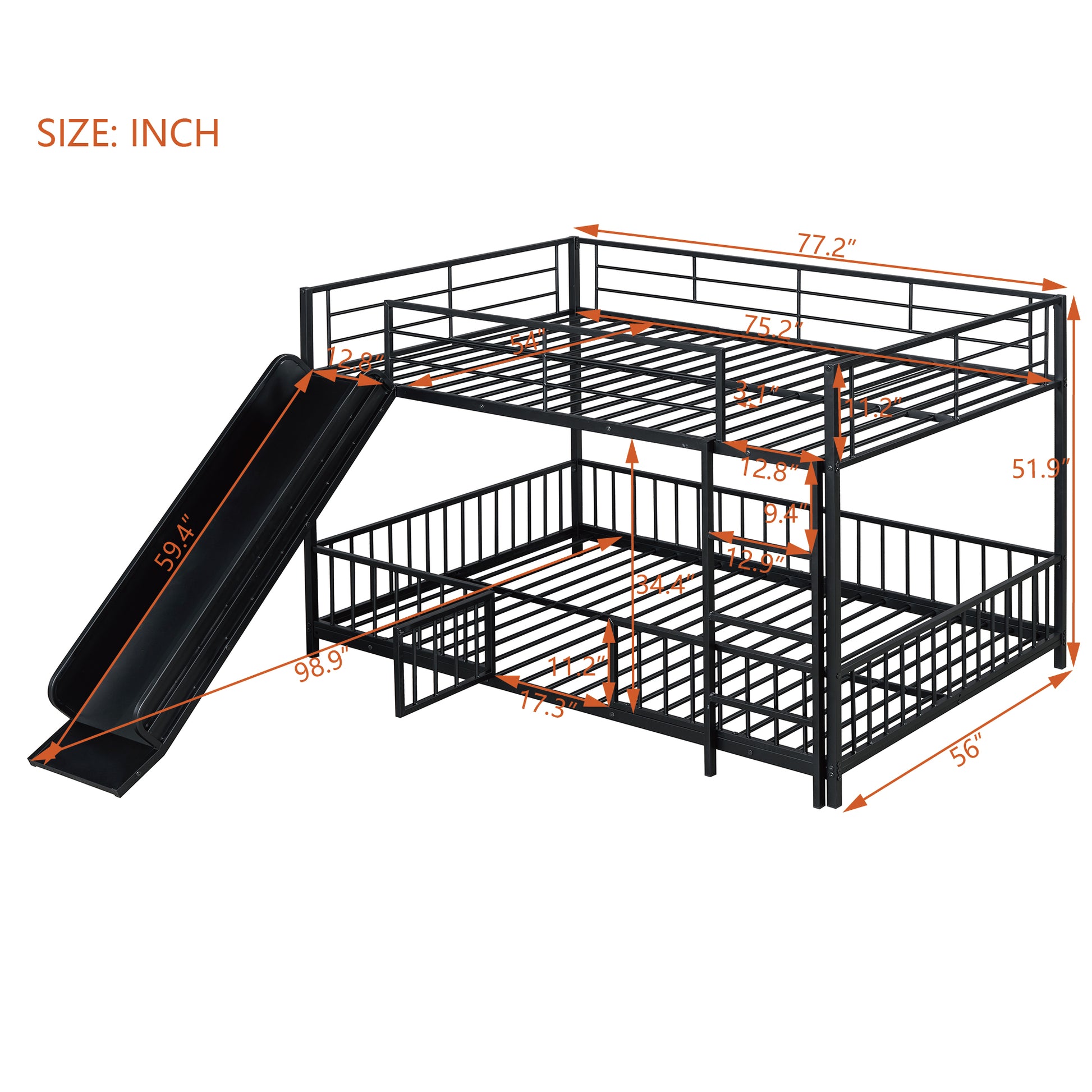 Black metal bunk bed with slide