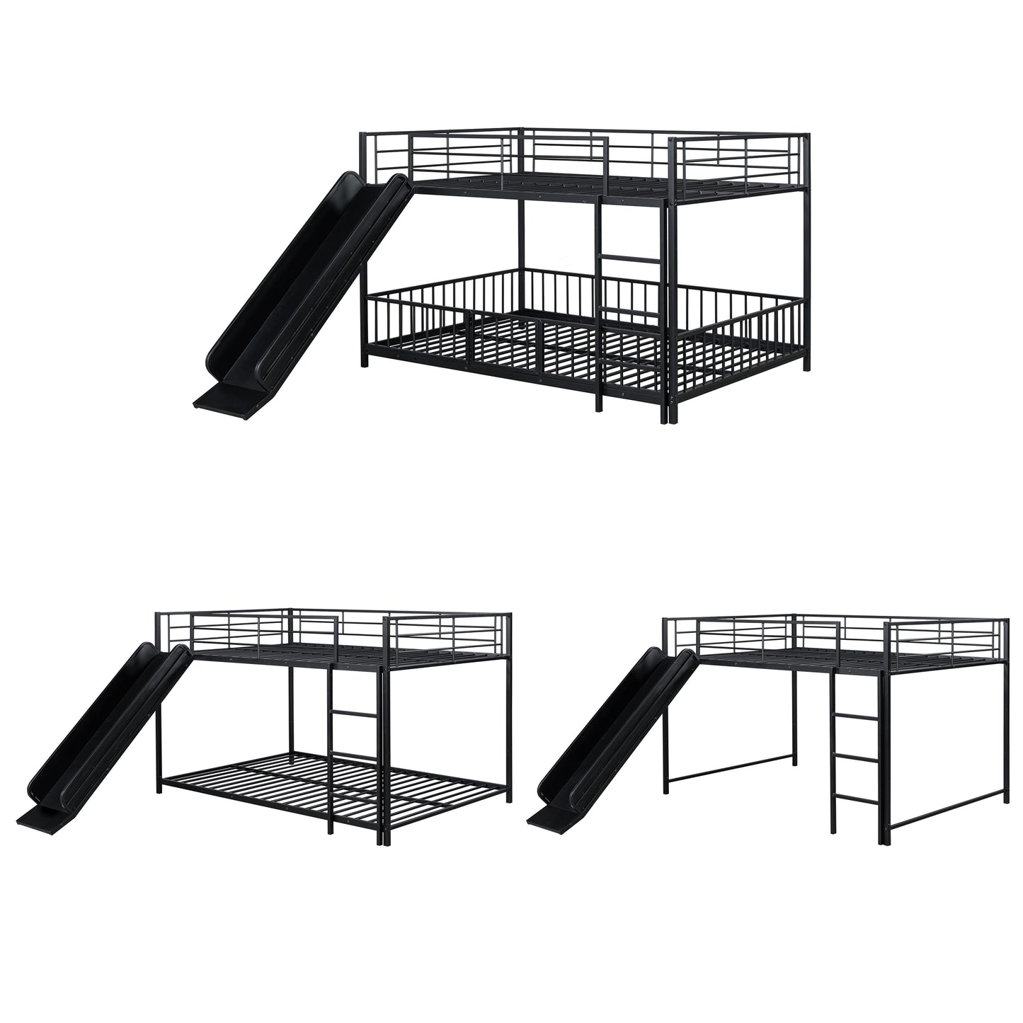 Black metal twin over twin bunk bed with integrated slide for kids