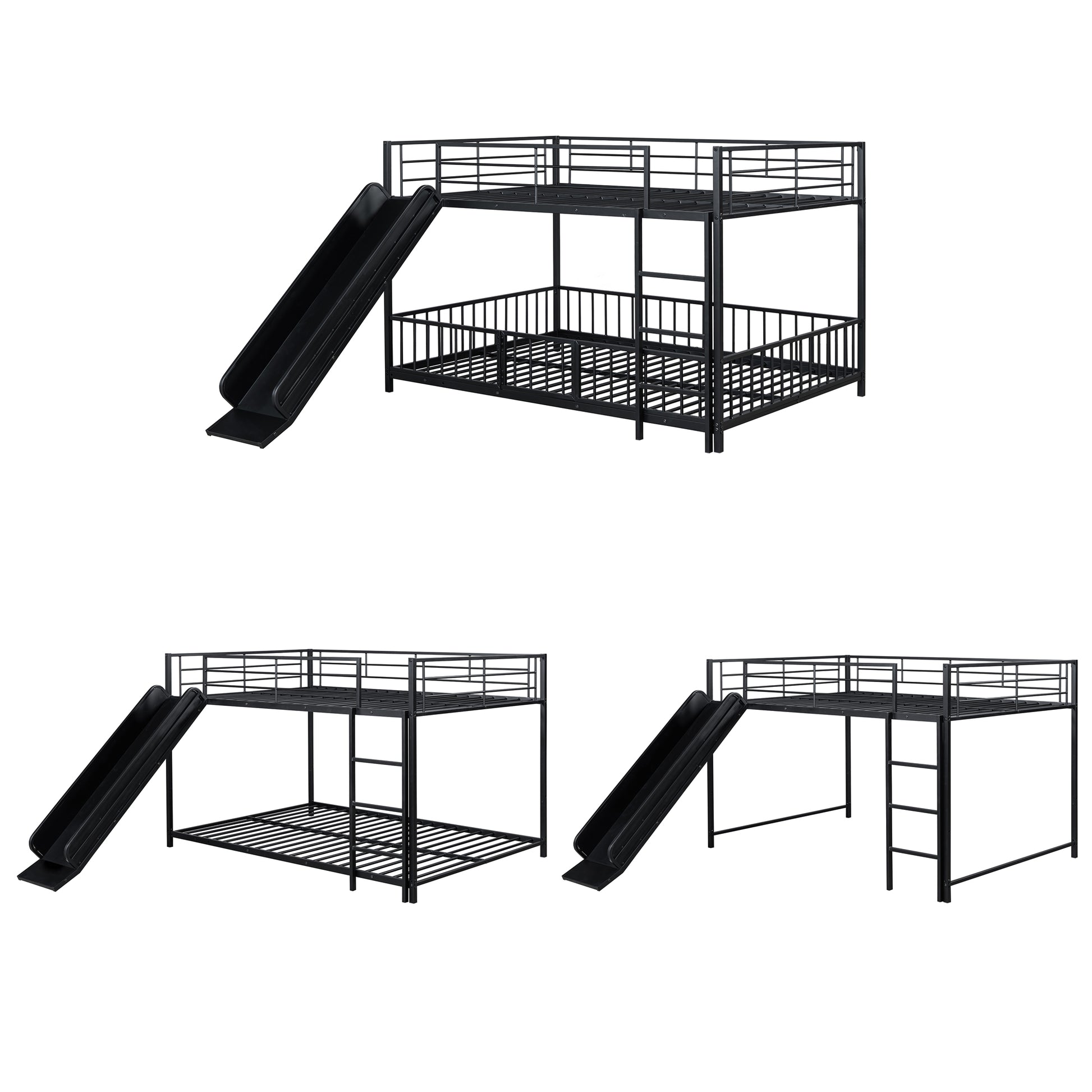 Black metal twin over twin bunk bed with integrated slide for kids