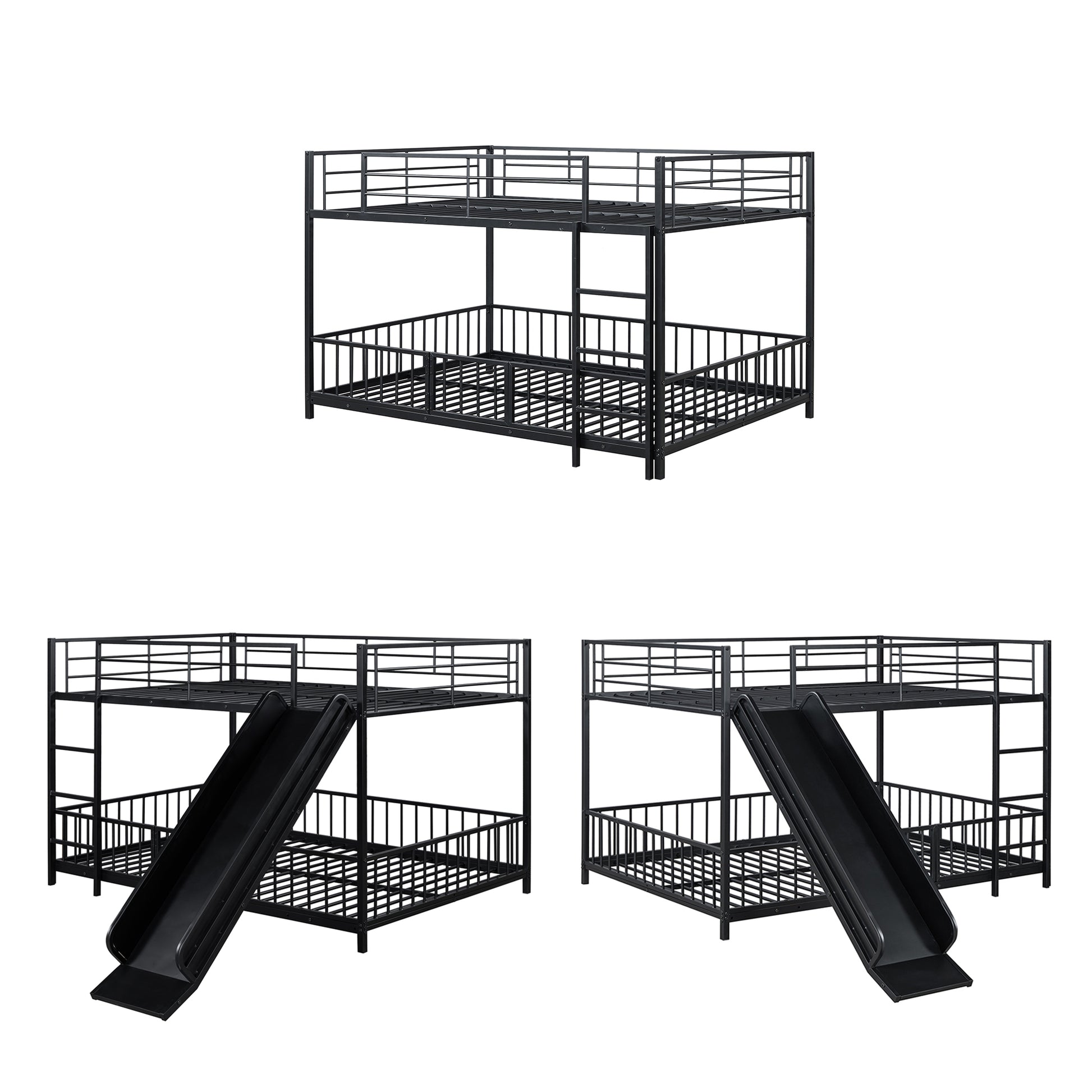 Black metal twin over twin bunk bed with ladder and slide