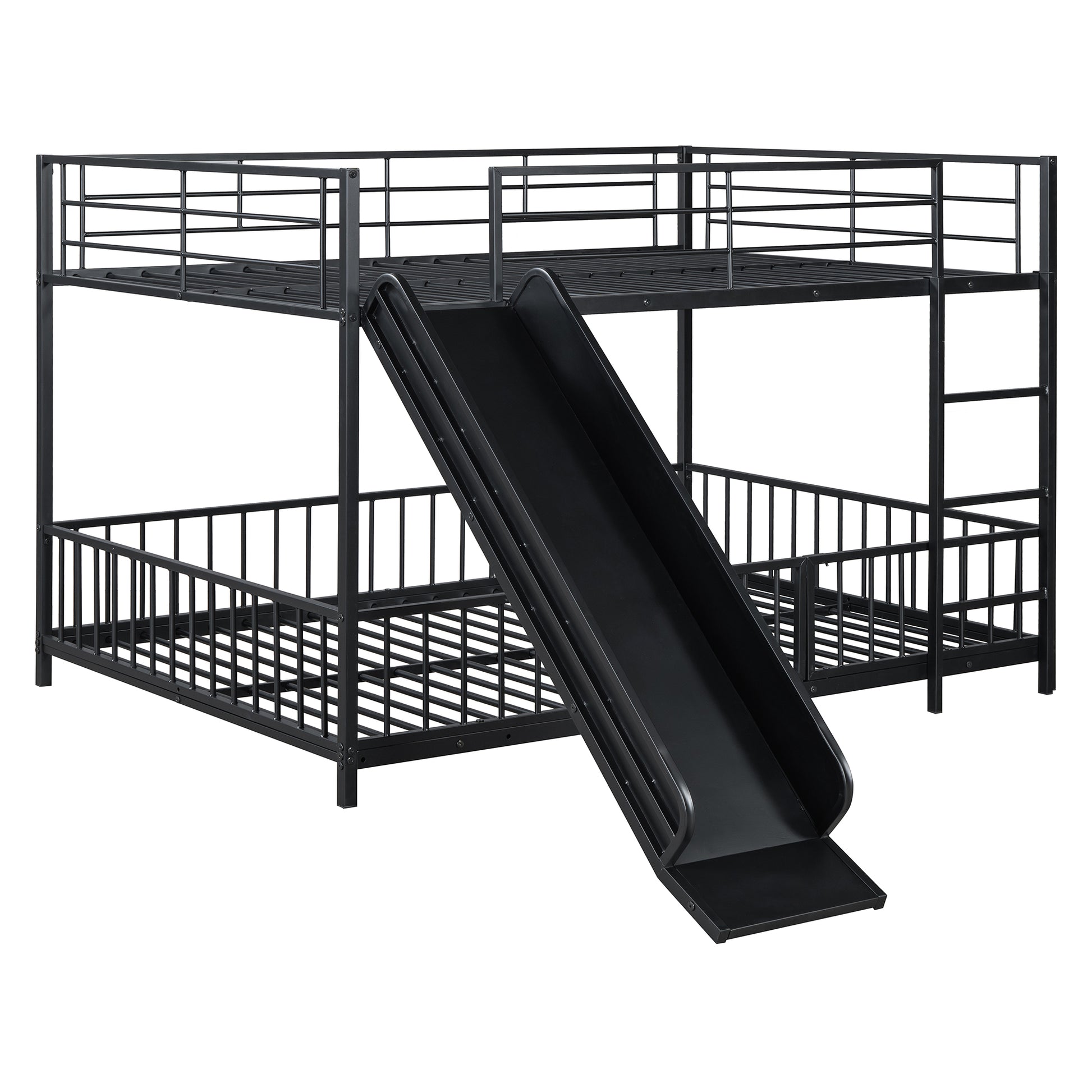 Black metal twin over twin bunk bed with slide for childrens room