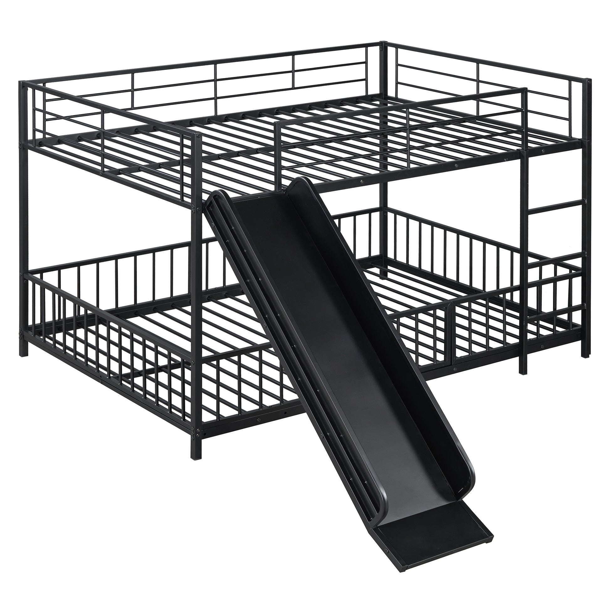 Black metal twin over twin bunk bed with slide