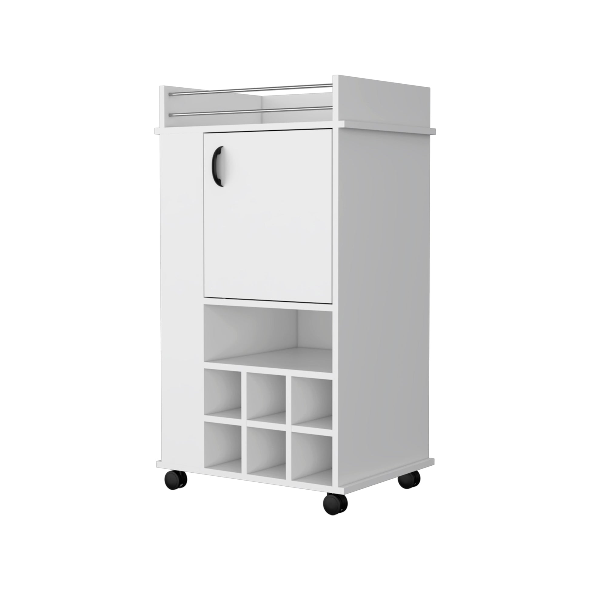 White rolling bar cart with  wine cubbies and a closed cabinet