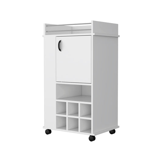 White rolling bar cart with  wine cubbies and a closed cabinet
