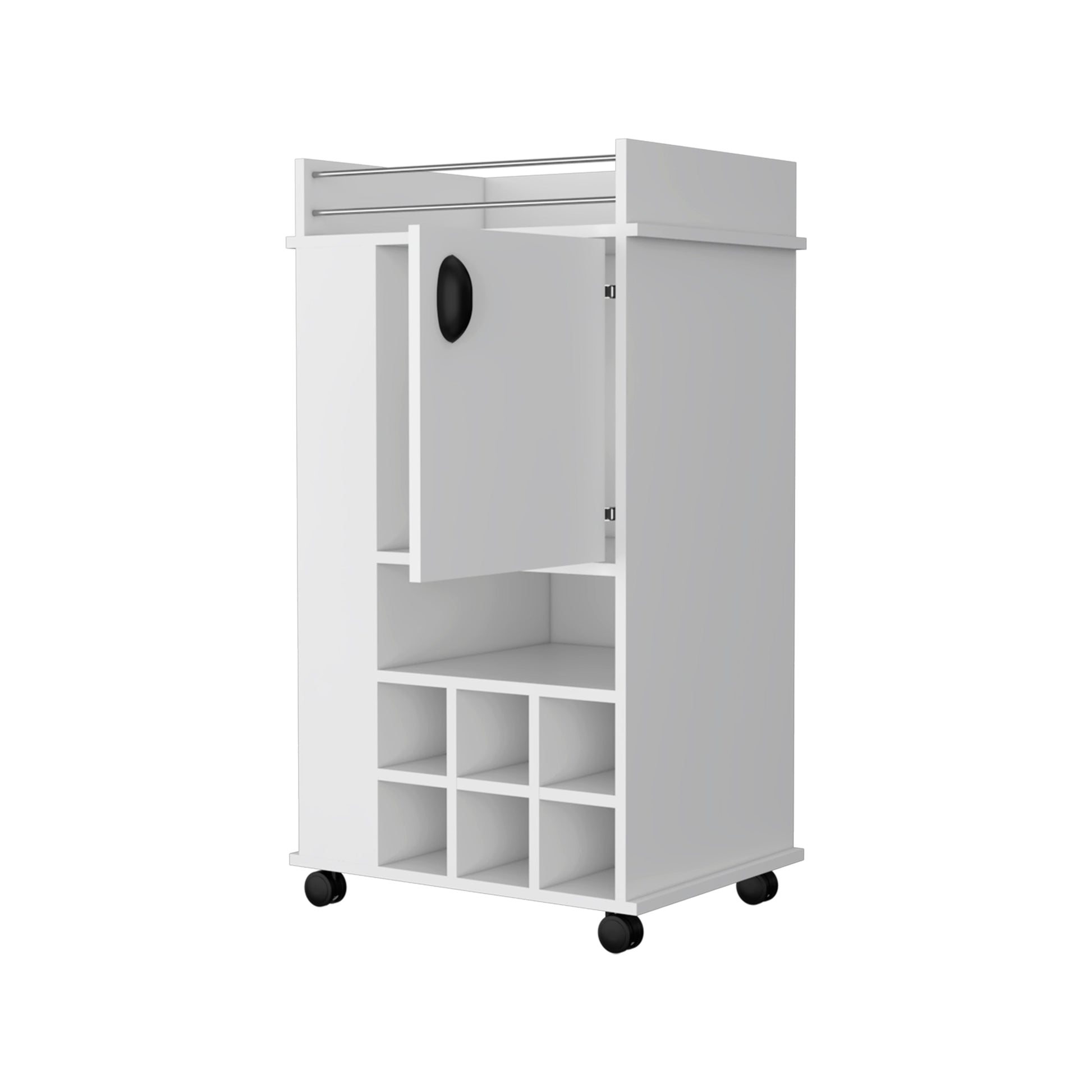 White rolling bar cart with wine rack and open cabinet door