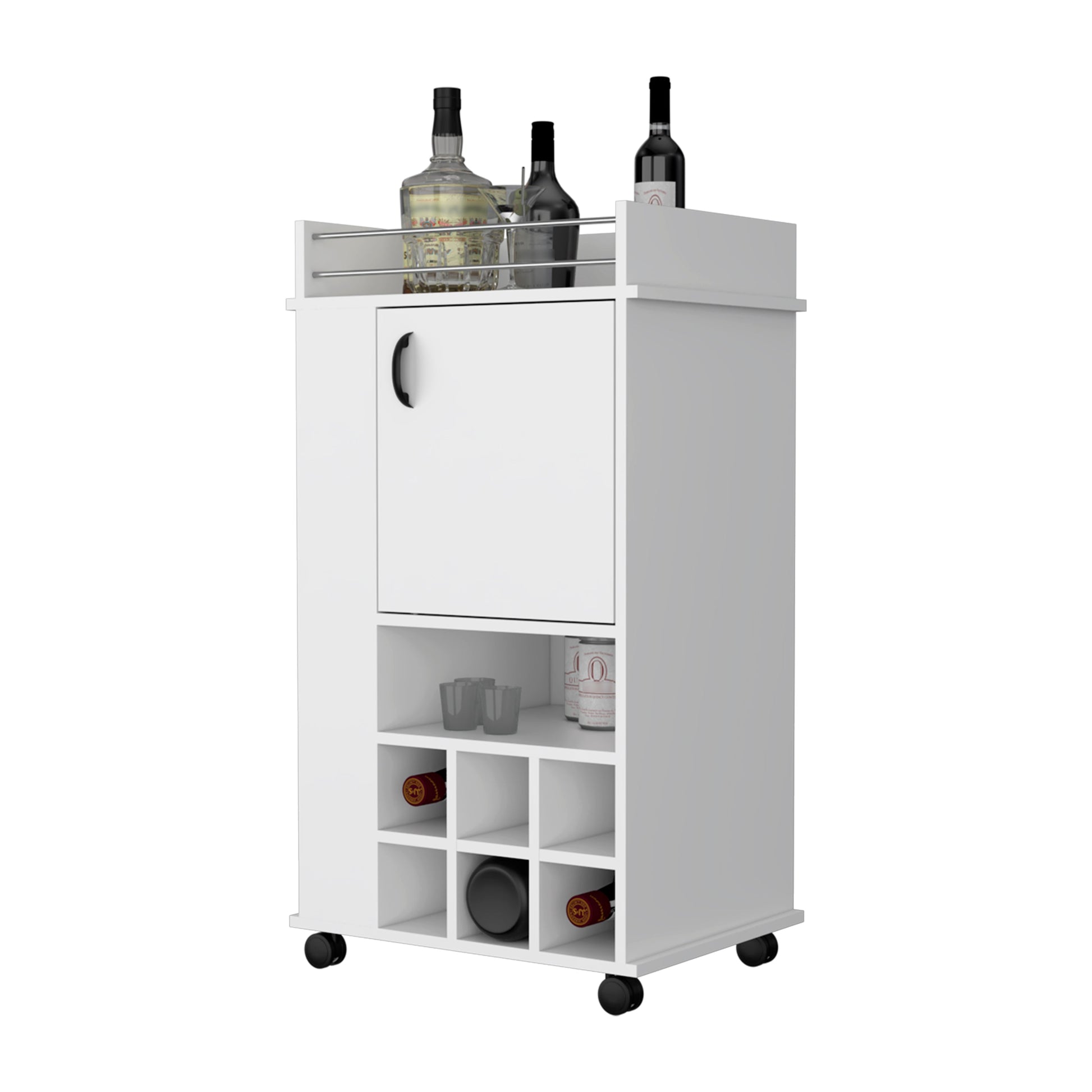 White rolling bar cart with wine rack and cabinet