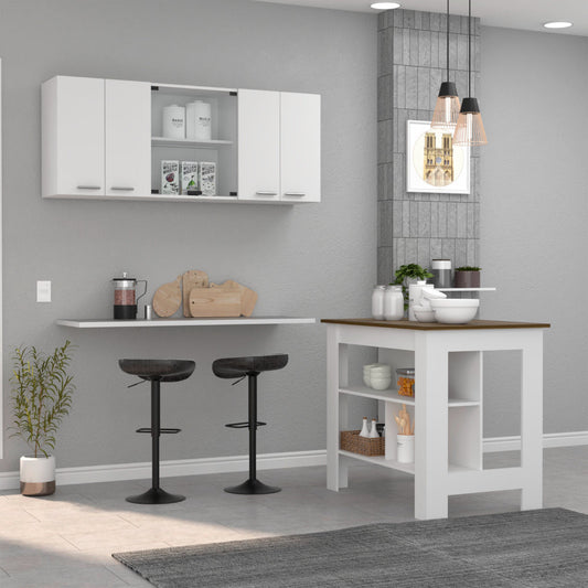 TREATLIFE HOME 2-Piece Kitchen Set with Island and Wall Cabinet, White and Walnut Finish