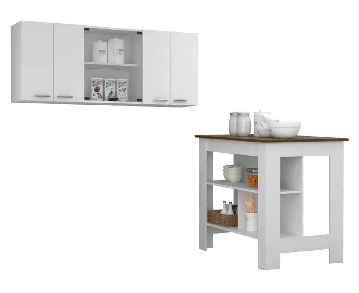 White contemporary kitchen island with dark wood top and open shelving