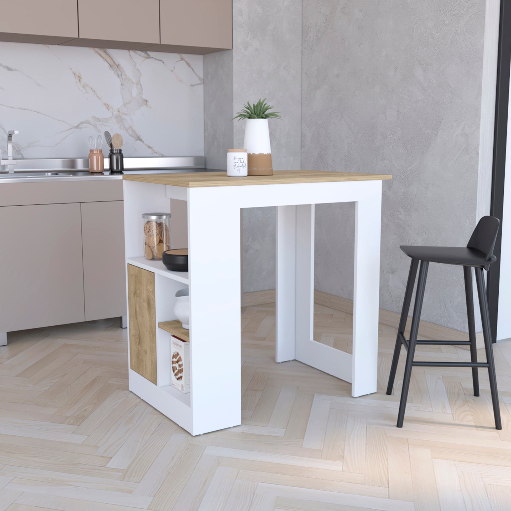 White and wood kitchen island with storage