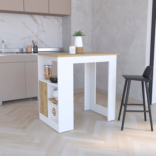 White and wood kitchen island with storage
