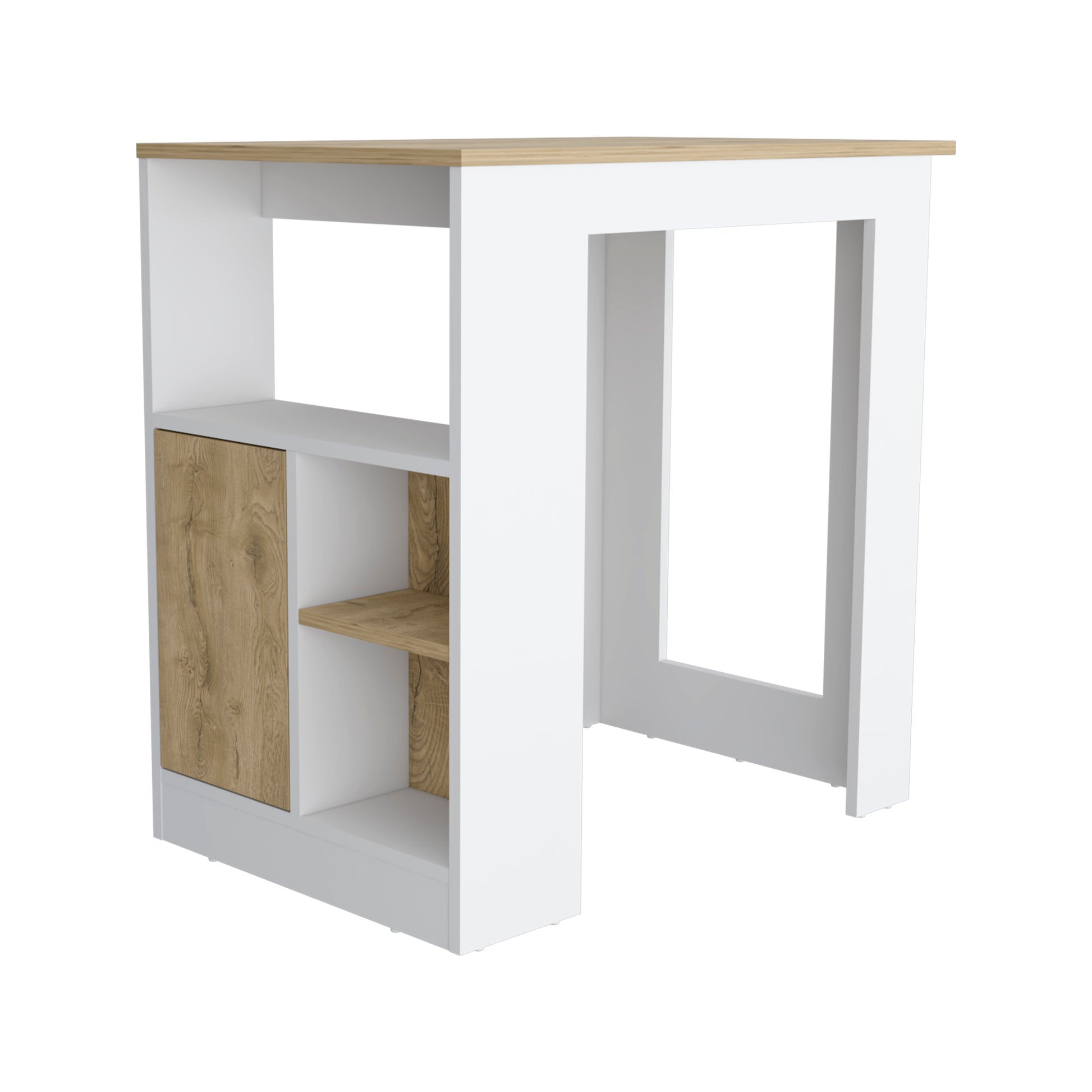 White and oak bar table with open shelving