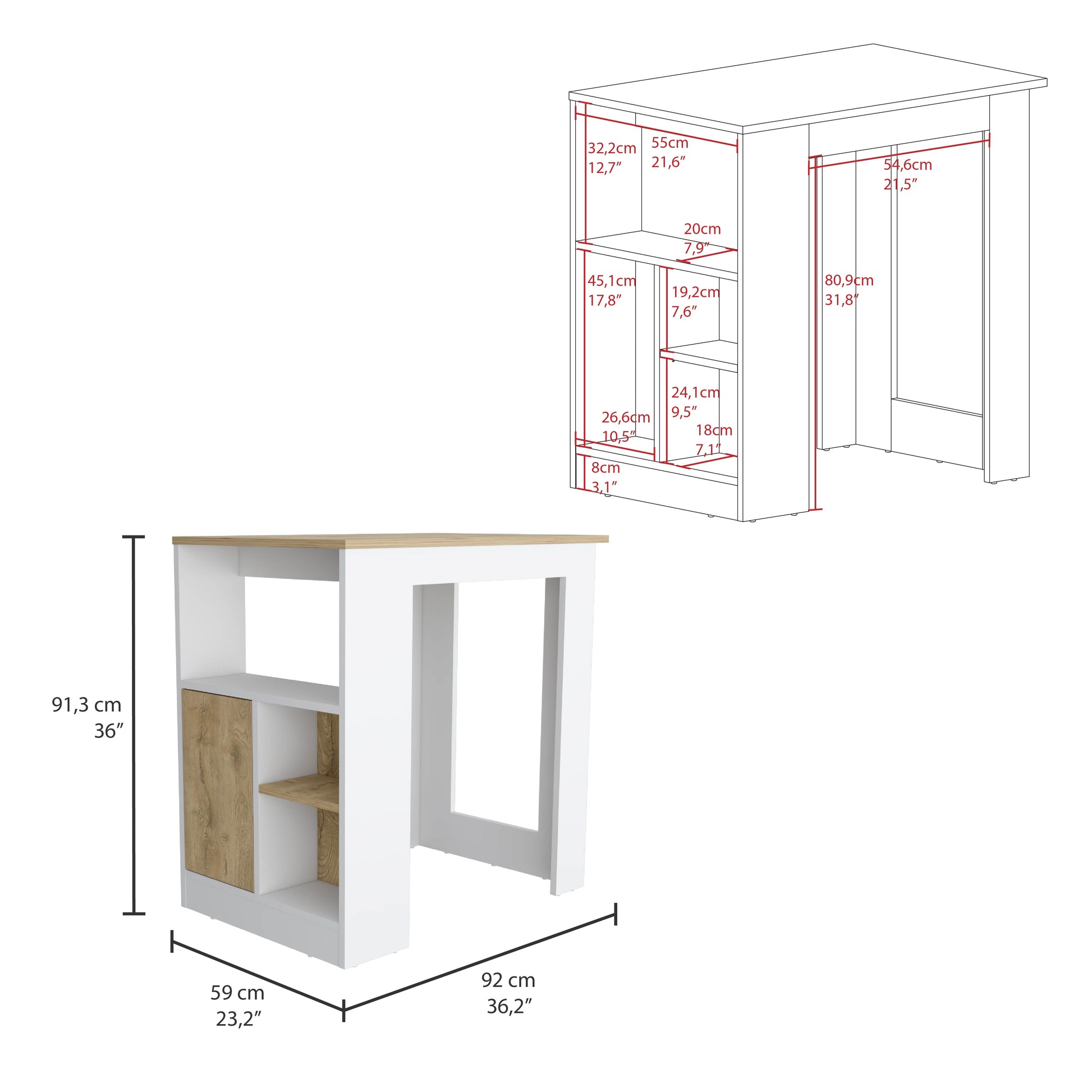 White and wood shelving unit with dimensions indicated