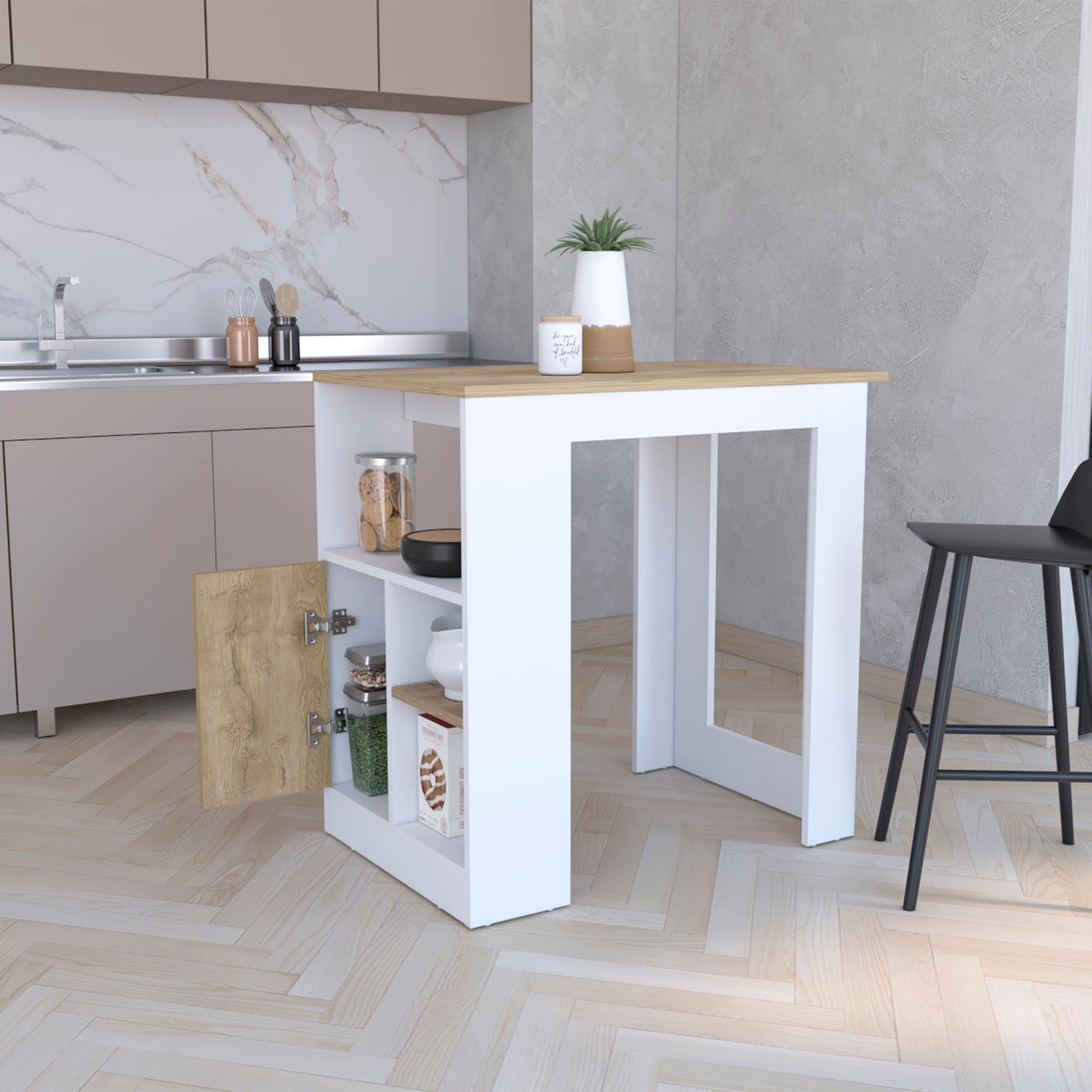 White and wood tone kitchen island with open shelves and cabinet