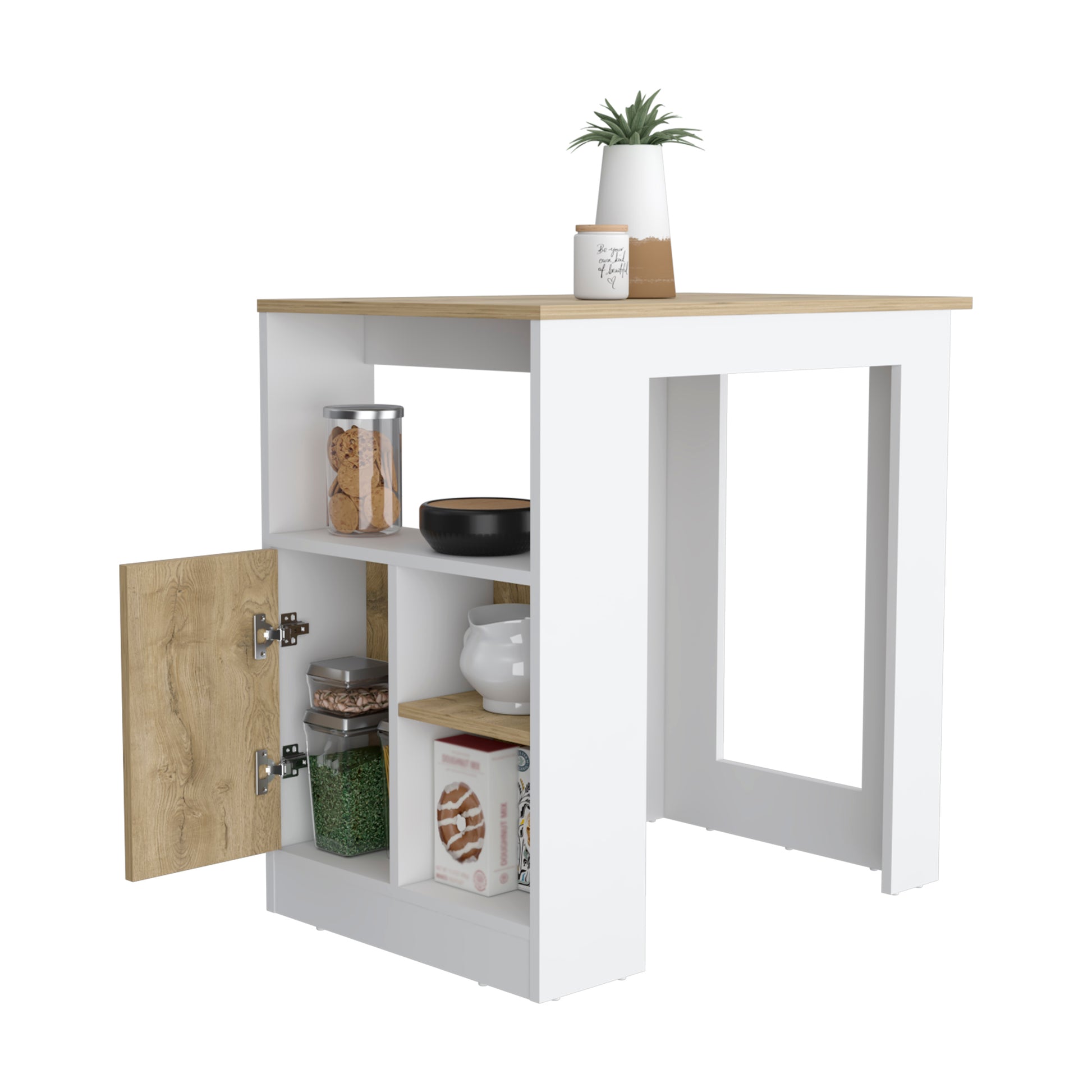 Modern white and oak kitchen island with open shelving and a cabinet