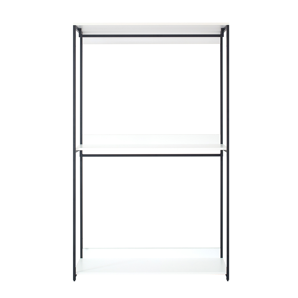 Modern metal shelving unit with white shelves and black frame