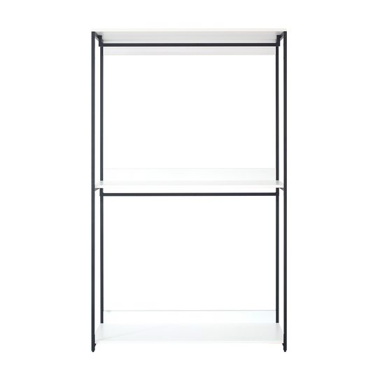 Modern metal shelving unit with white shelves and black frame
