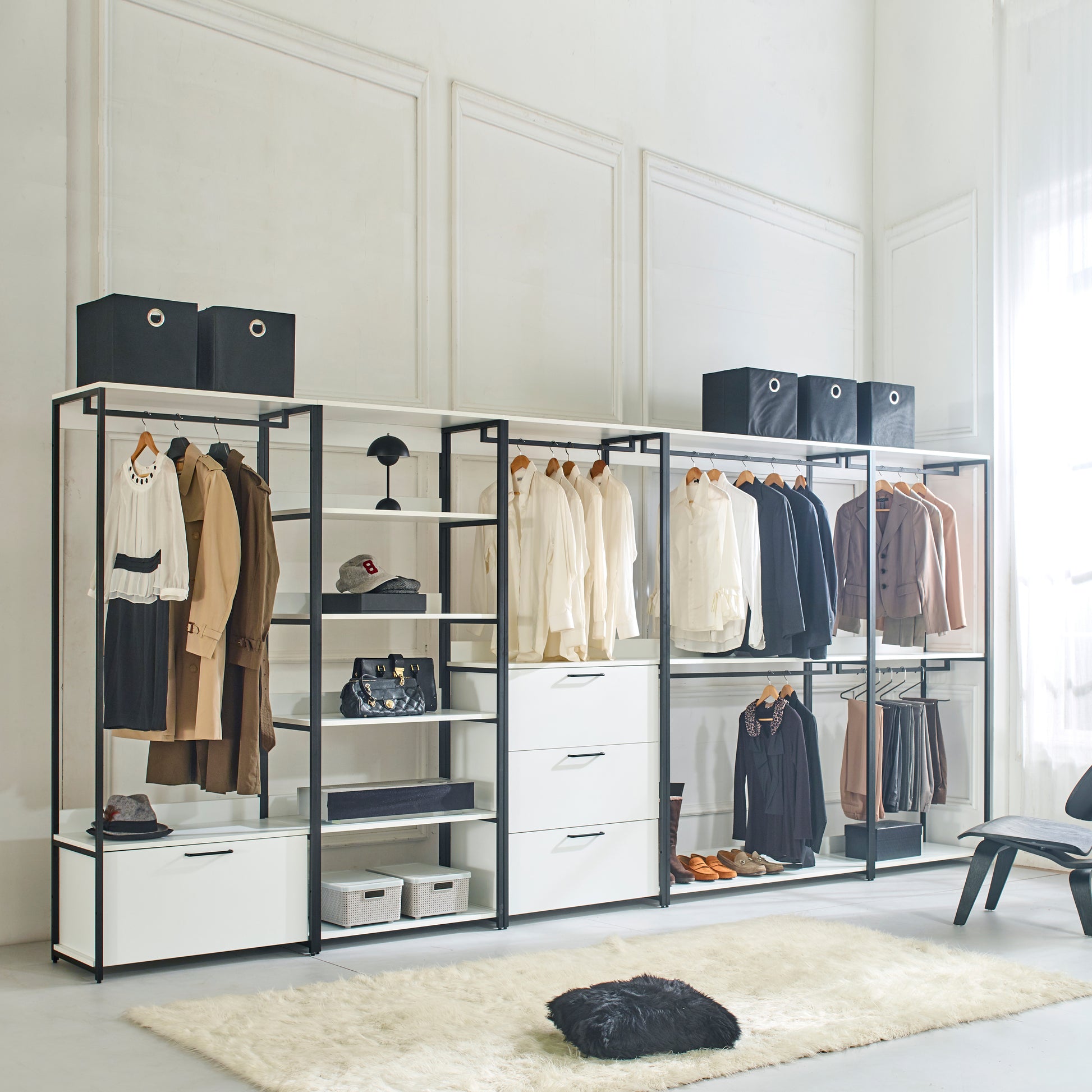 Black canvas storage bins for modern closet organization