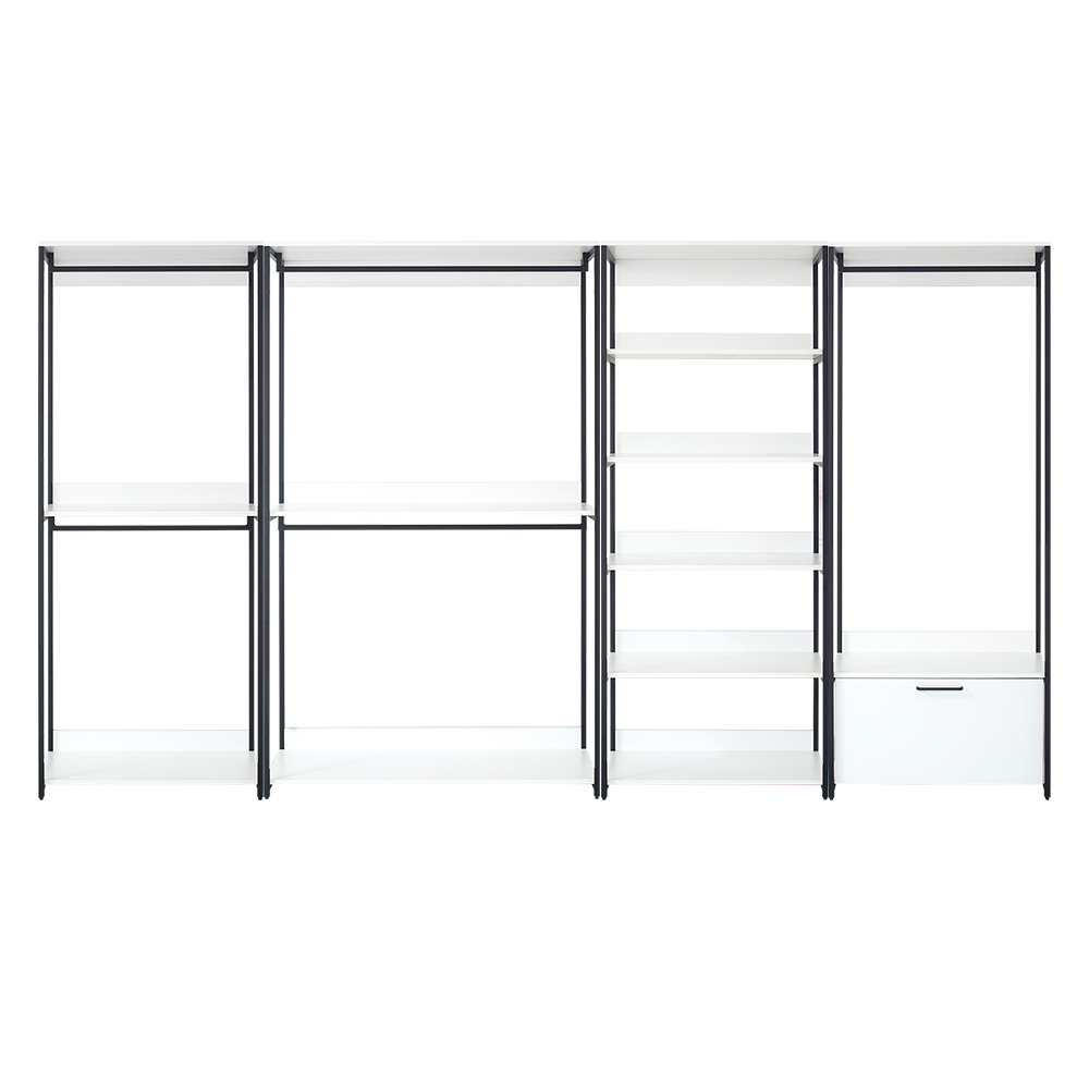 Modern modular shelving unit with white shelves and black metal frame